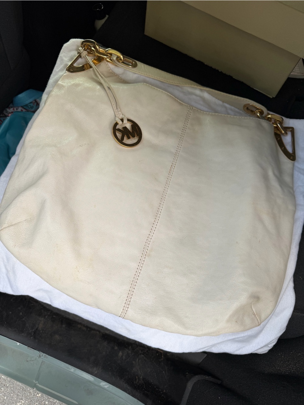 Michael Kors Cream Leather Hobo Tote with Gold Hardware